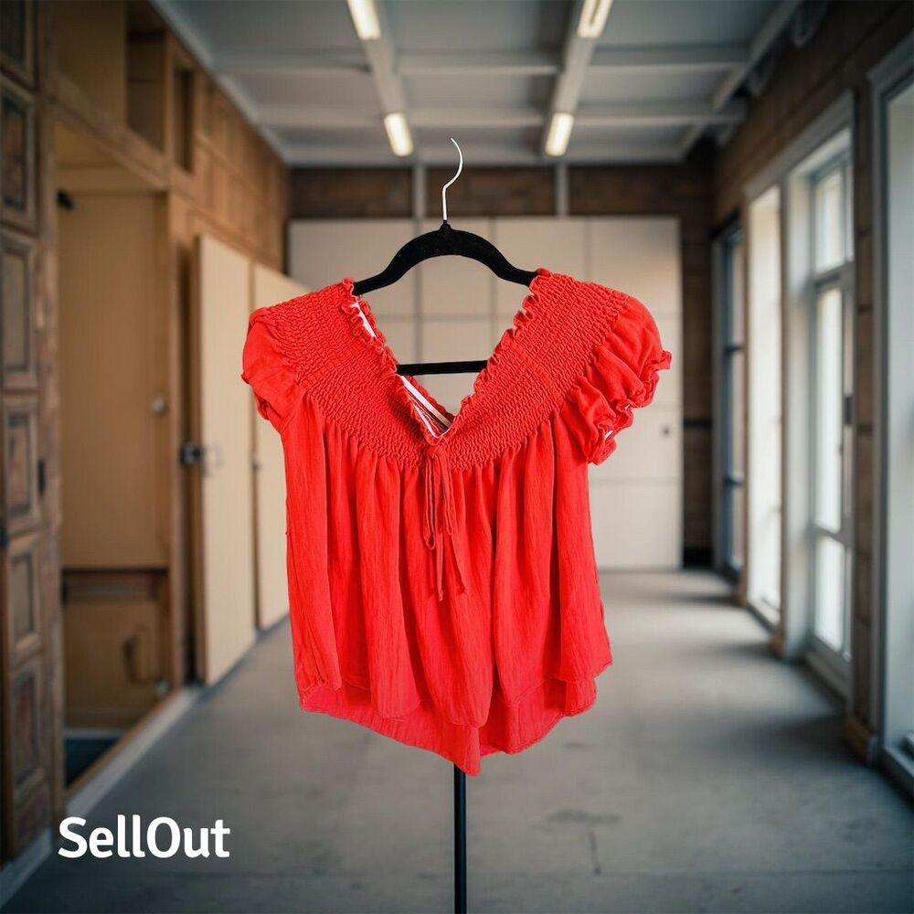 Blush Women's S Red Flutter Sleeve Boho Blouse Casual Top